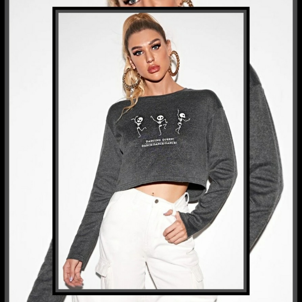 ♡ SKELETON GRAPHIC PRINT CROPPED TOP | Sweatshirt Top‎ Marble Grey Sm